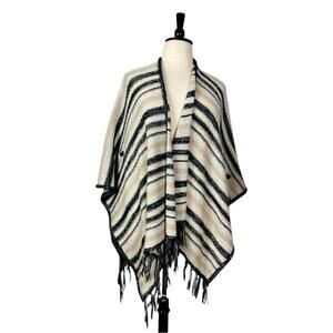 Kensie Sweater Cardigan Knit Poncho Fringe Hem Cream Gray Stripe Womens One Size